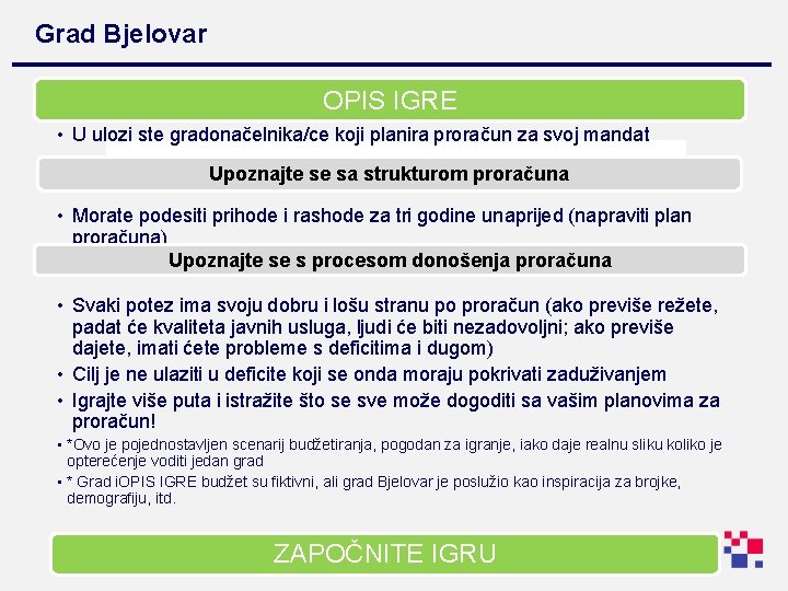 Grad Bjelovar OPIS IGRE • U ulozi ste gradonačelnika/ce koji planira proračun za svoj