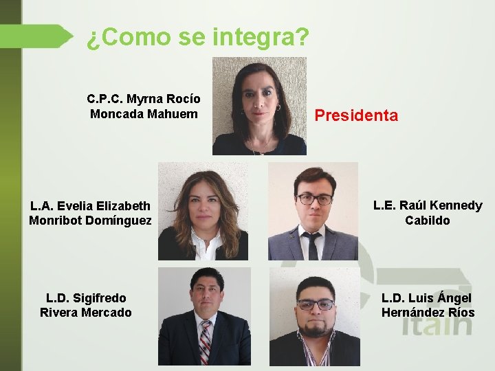 ¿Como se integra? C. P. C. Myrna Rocío Moncada Mahuem L. A. Evelia Elizabeth