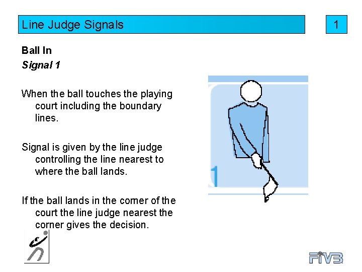 Line Judge Signals Ball In Signal 1 When the ball touches the playing court