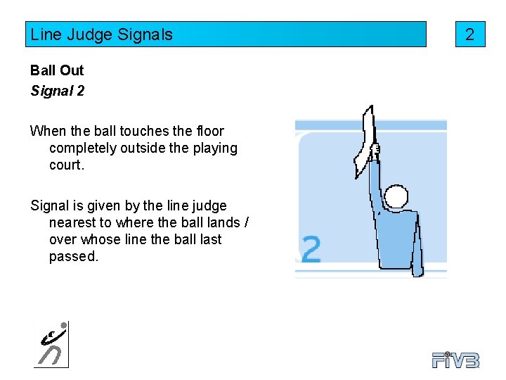 Line Judge Signals Ball Out Signal 2 When the ball touches the floor completely