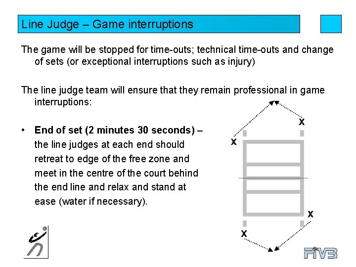 Line Judge – Game interruptions The game will be stopped for time-outs; technical time-outs