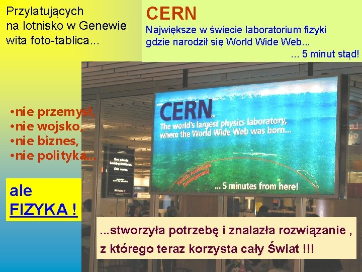 Przylatujących na lotnisko w Genewie wita foto-tablica. . . CERN Największe w świecie laboratorium
