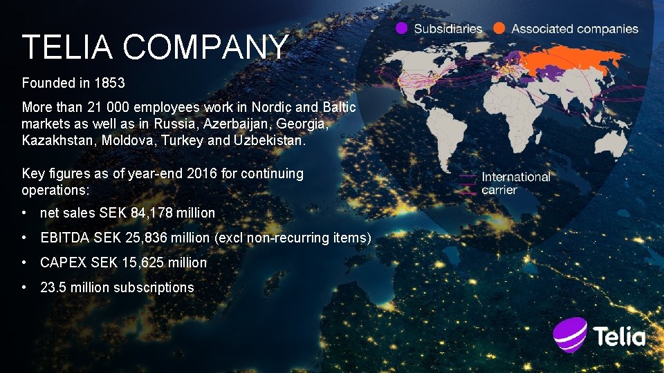 TELIA COMPANY Founded in 1853 More than 21 000 employees work in Nordic and