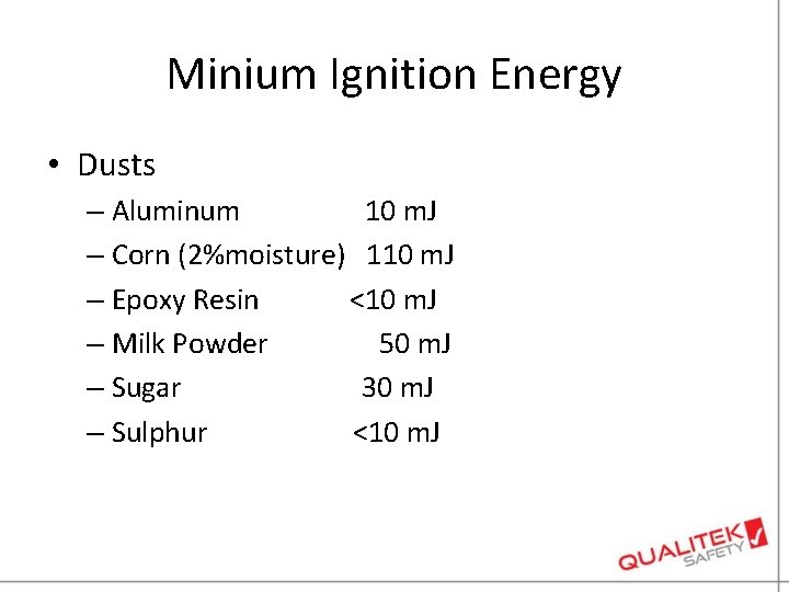 Minium Ignition Energy • Dusts – Aluminum 10 m. J – Corn (2%moisture) 110
