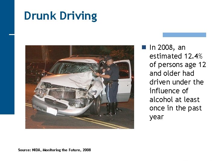Drunk Driving n In 2008, an estimated 12. 4% of persons age 12 and