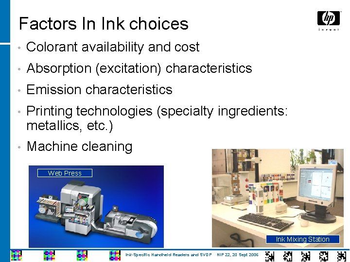 Factors In Ink choices • Colorant availability and cost • Absorption (excitation) characteristics •