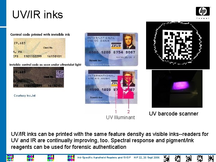 UV/IR inks Courtesy Inc. Jet UV Illuminant UV barcode scanner UV/IR inks can be