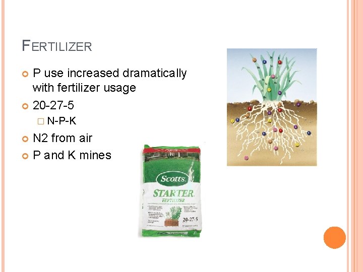 FERTILIZER P use increased dramatically with fertilizer usage 20 -27 -5 � N-P-K N