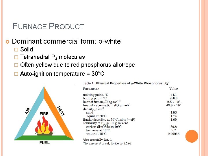 FURNACE PRODUCT Dominant commercial form: α-white Solid � Tetrahedral P 4 molecules � Often