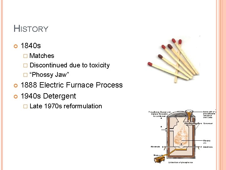 HISTORY 1840 s � Matches � Discontinued due to toxicity � “Phossy Jaw” 1888