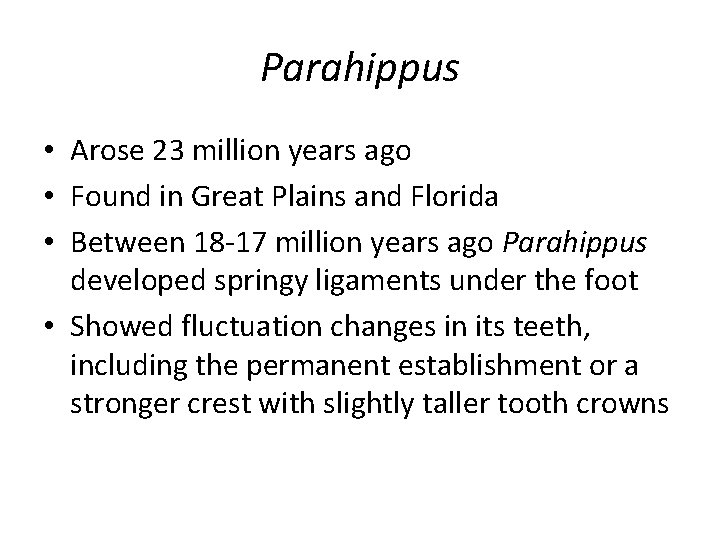 Parahippus • Arose 23 million years ago • Found in Great Plains and Florida