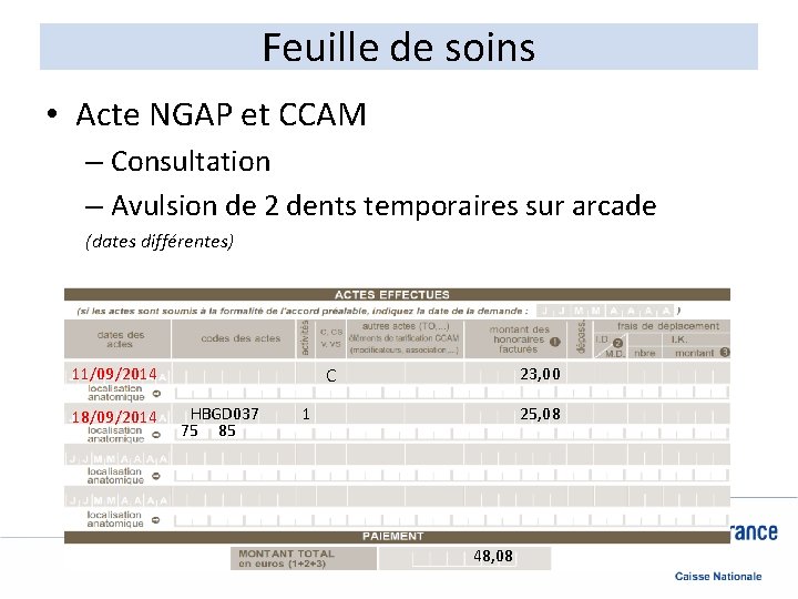 Feuille de soins • Acte NGAP et CCAM – Consultation – Avulsion de 2