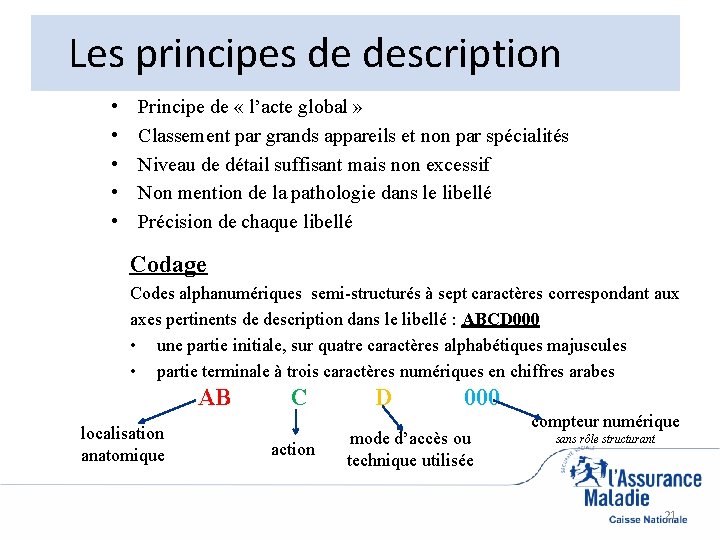 Les principes de description • • • Principe de « l’acte global » Classement