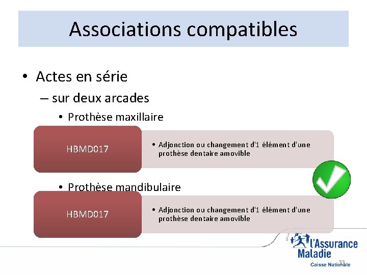 Associations compatibles • Actes en série – sur deux arcades • Prothèse maxillaire HBMD