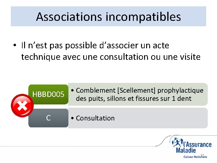 Associations incompatibles • Il n’est pas possible d’associer un acte technique avec une consultation
