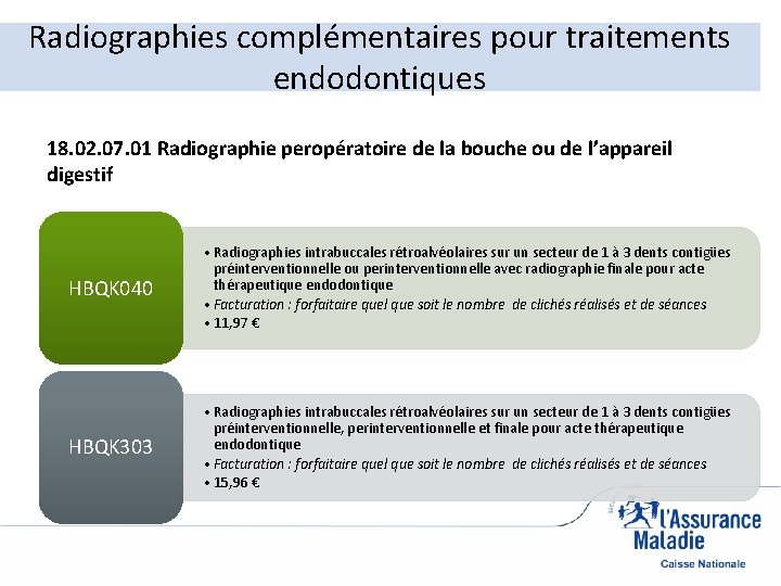 Radiographies complémentaires pour traitements endodontiques 18. 02. 07. 01 Radiographie peropératoire de la bouche