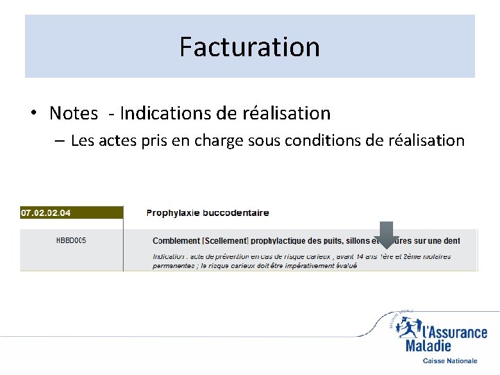 Facturation • Notes - Indications de réalisation – Les actes pris en charge sous