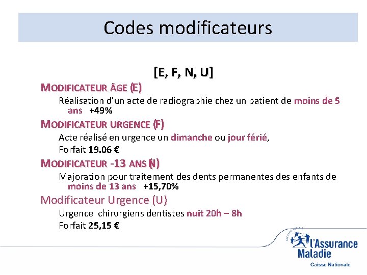 Codes modificateurs MODIFICATEUR GE (E) [E, F, N, U] Réalisation d'un acte de radiographie