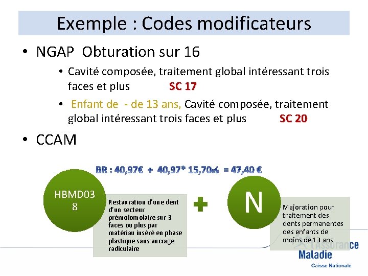 Exemple : Codes modificateurs • NGAP Obturation sur 16 • Cavité composée, traitement global