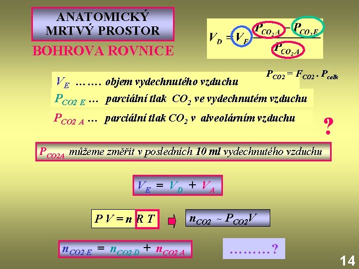 ANATOMICKÝ MRTVÝ PROSTOR BOHROVA ROVNICE PCO 2 = FCO 2. Pcelk VE ……. objem