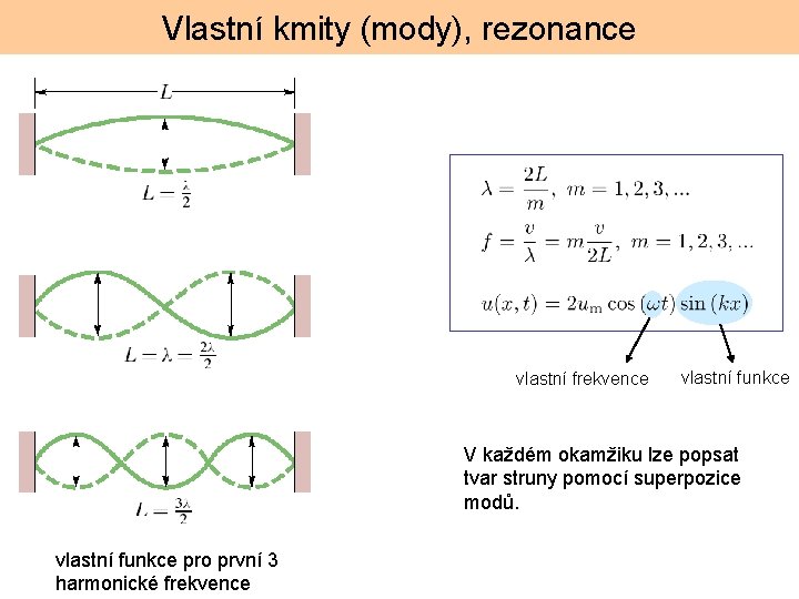 Vlastní kmity (mody), rezonance vlastní frekvence vlastní funkce V každém okamžiku lze popsat tvar