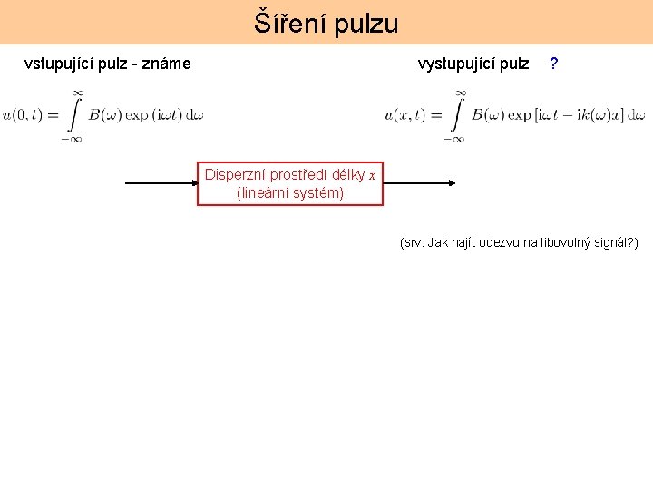 Šíření pulzu vstupující pulz - známe vystupující pulz ? Disperzní prostředí délky x (lineární