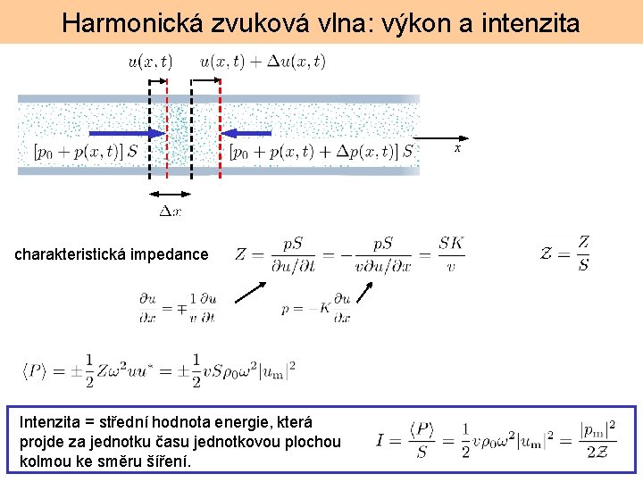 Harmonická zvuková vlna: výkon a intenzita x charakteristická impedance Intenzita = střední hodnota energie,