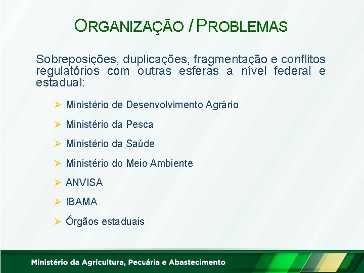 ORGANIZAÇÃO / PROBLEMAS Sobreposições, duplicações, fragmentação e conflitos regulatórios com outras esferas a nível