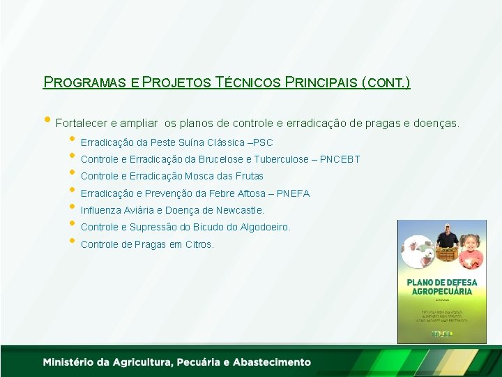 PROGRAMAS E PROJETOS TÉCNICOS PRINCIPAIS (CONT. ) • Fortalecer e ampliar os planos de