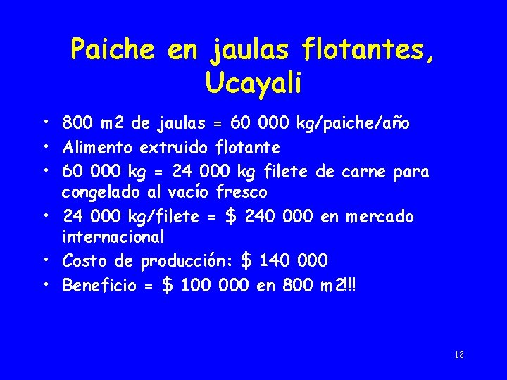 Paiche en jaulas flotantes, Ucayali • 800 m 2 de jaulas = 60 000