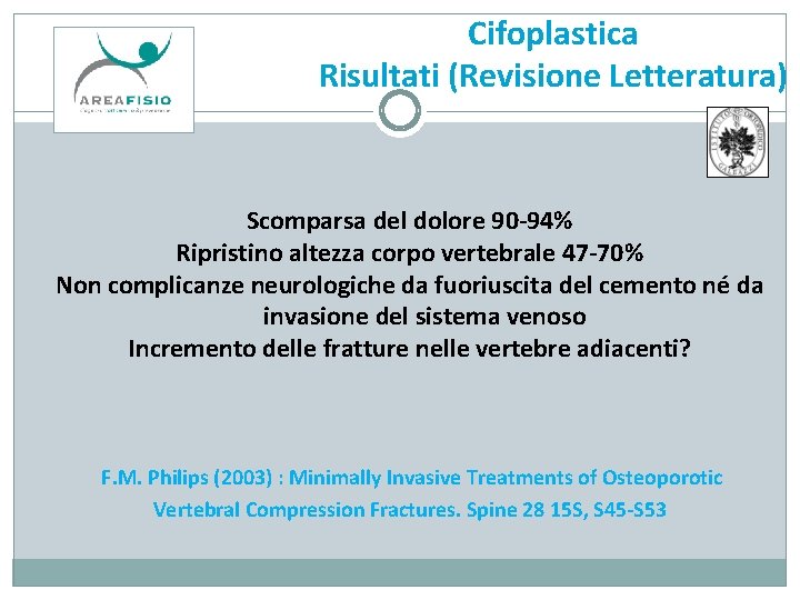 Cifoplastica Risultati (Revisione Letteratura) Scomparsa del dolore 90 -94% Ripristino altezza corpo vertebrale 47