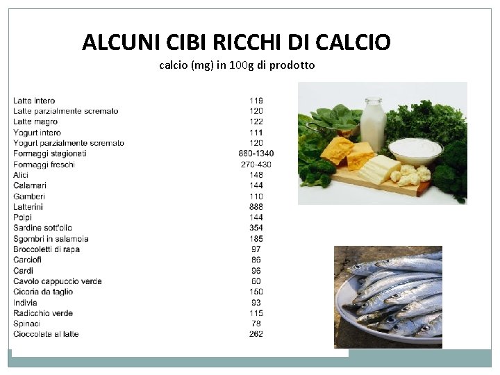 ALCUNI CIBI RICCHI DI CALCIO calcio (mg) in 100 g di prodotto 