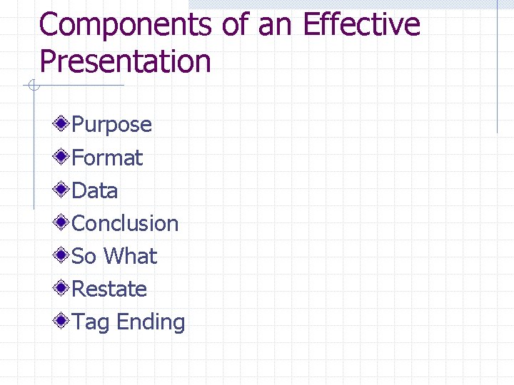 Components of an Effective Presentation Purpose Format Data Conclusion So What Restate Tag Ending