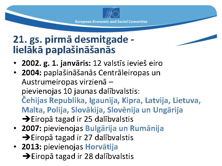 21. gs. pirmā desmitgade lielākā paplašināšanās • 2002. g. 1. janvāris: 12 valstīs ievieš