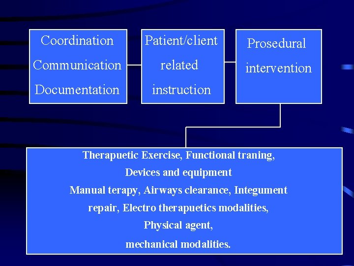 Coordination Patient/client Prosedural Communication related intervention Documentation instruction Therapuetic Exercise, Functional traning, Devices and