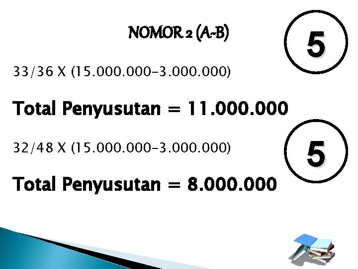 NOMOR 2 (A-B) 33/36 X (15. 000 -3. 000) 5 Total Penyusutan = 11.