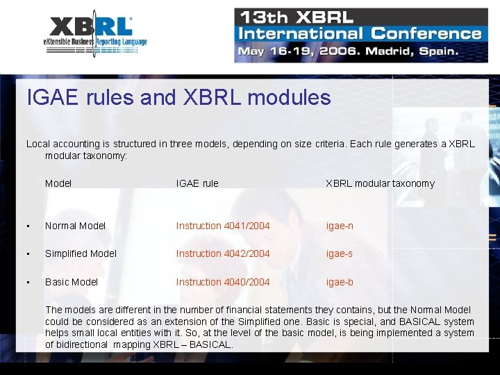 IGAE rules and XBRL modules Local accounting is structured in three models, depending on