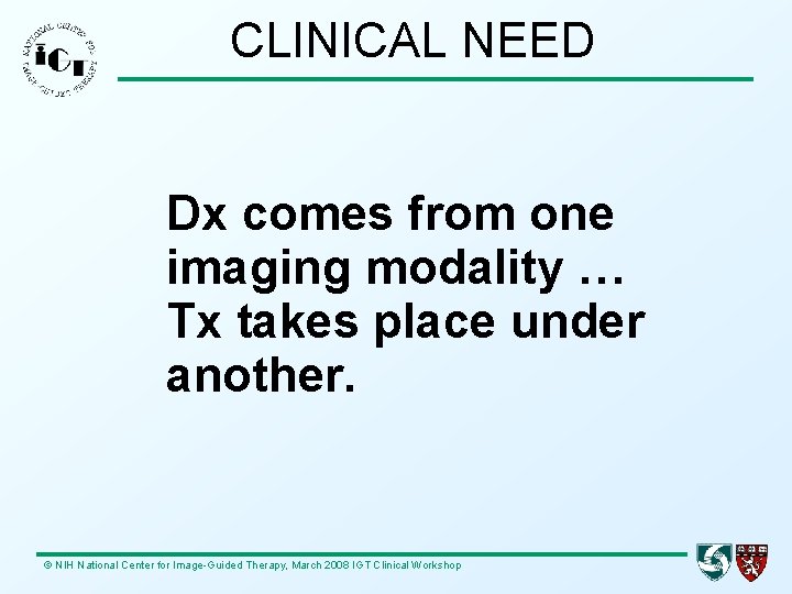 CLINICAL NEED Dx comes from one imaging modality … Tx takes place under another.