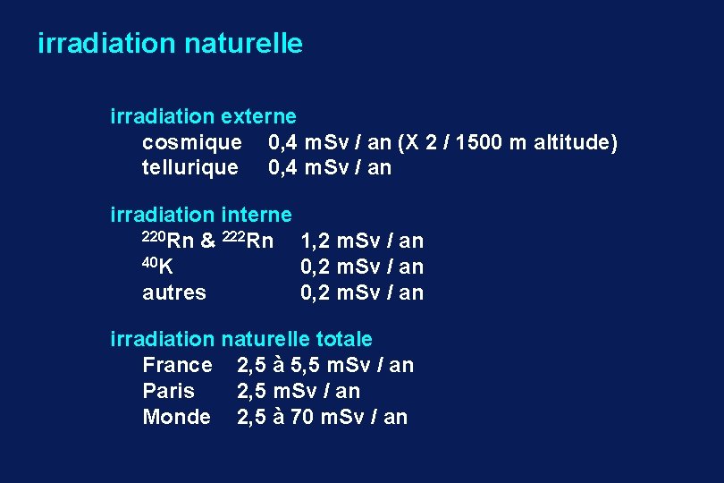 irradiation naturelle irradiation externe cosmique 0, 4 m. Sv / an (X 2 /