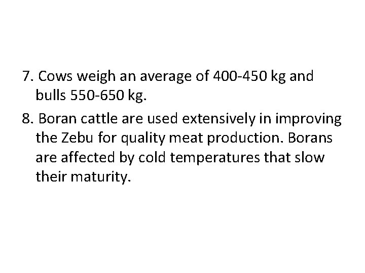 7. Cows weigh an average of 400 -450 kg and bulls 550 -650 kg.