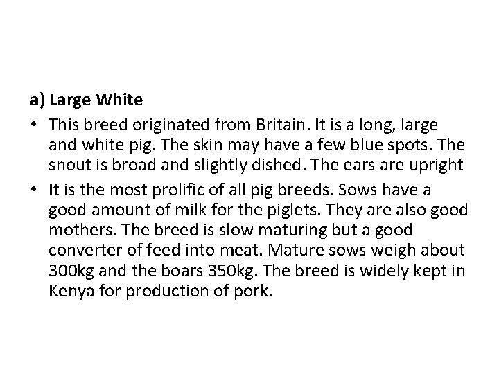 a) Large White • This breed originated from Britain. It is a long, large
