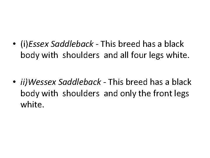  • (i)Essex Saddleback - This breed has a black body with shoulders and