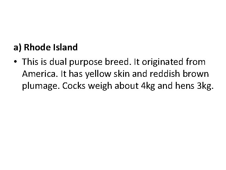 a) Rhode Island • This is dual purpose breed. It originated from America. It