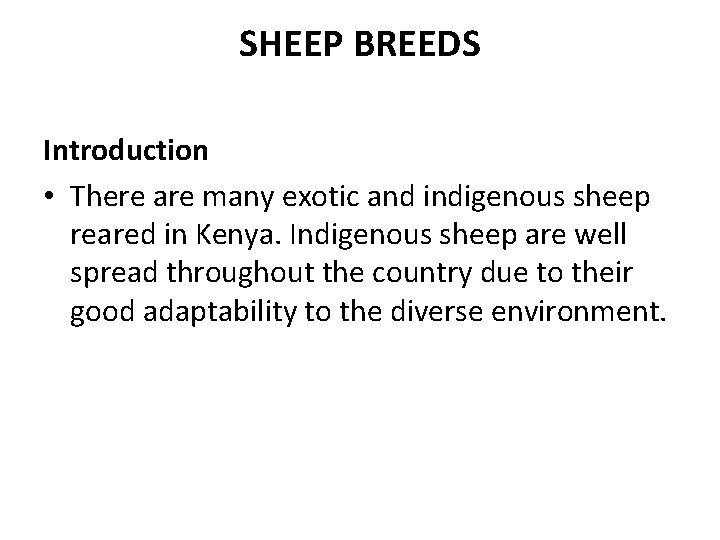 SHEEP BREEDS Introduction • There are many exotic and indigenous sheep reared in Kenya.