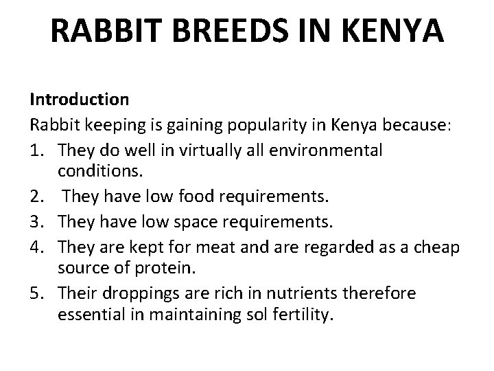 RABBIT BREEDS IN KENYA Introduction Rabbit keeping is gaining popularity in Kenya because: 1.