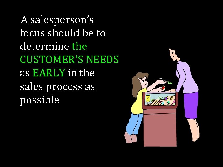 A salesperson’s focus should be to determine the CUSTOMER’S NEEDS as EARLY in the