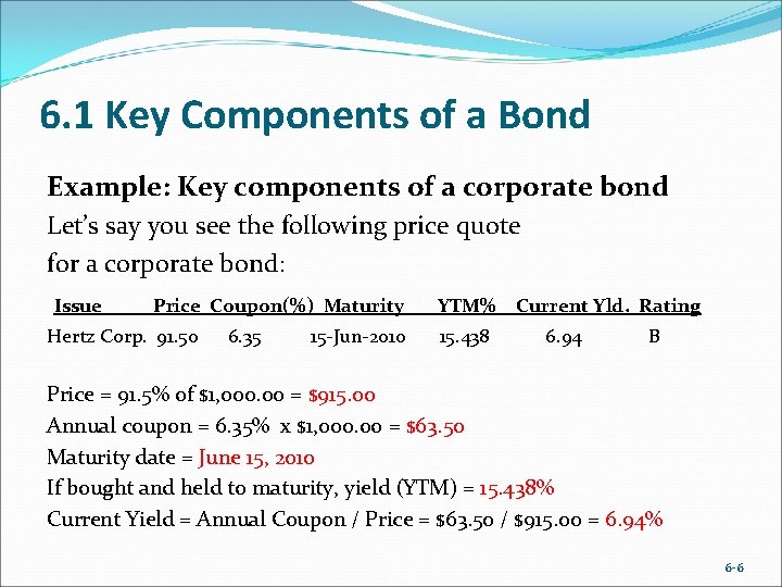 6. 1 Key Components of a Bond Example: Key components of a corporate bond