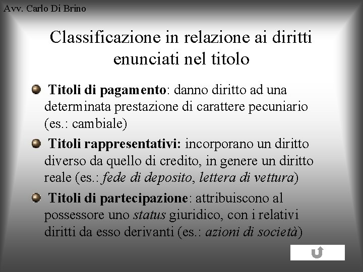 Avv. Carlo Di Brino Classificazione in relazione ai diritti enunciati nel titolo Titoli di