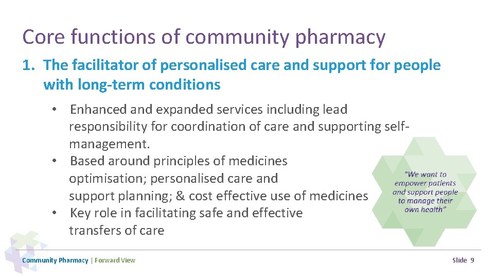 Core functions of community pharmacy 1. The facilitator of personalised care and support for