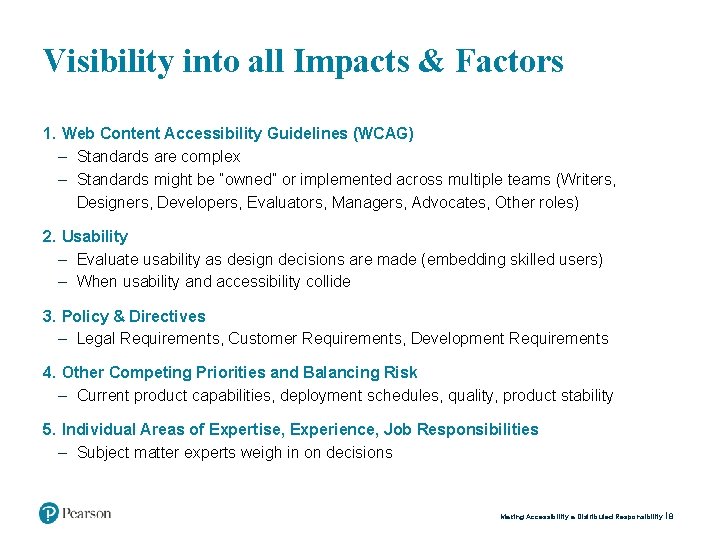 Visibility into all Impacts & Factors 1. Web Content Accessibility Guidelines (WCAG) ‒ Standards